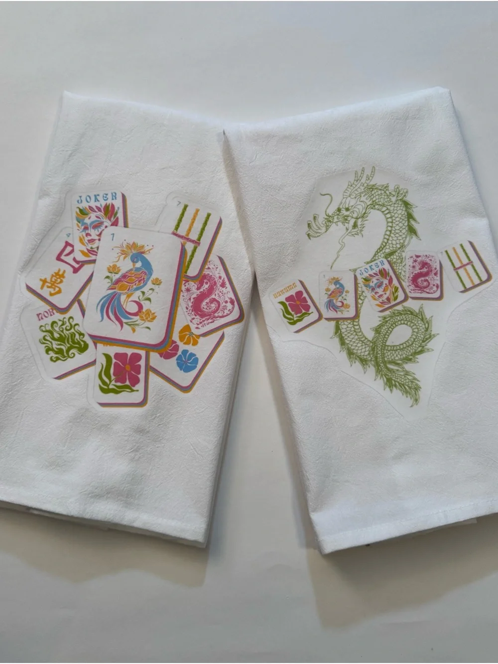 Mahjong White Tea Towels with Colorful Mahjong Tile and Green Dragon Prints